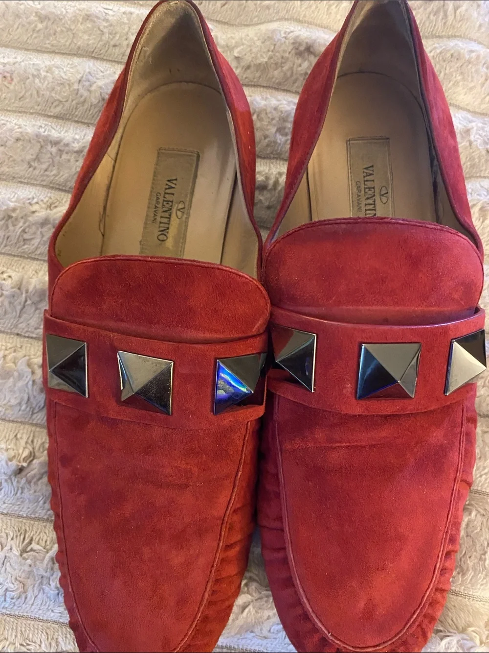Valentino Red Suede Loafers with Pyramid Studs